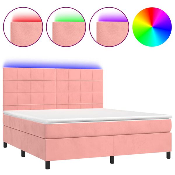 vidaXL Cama box spring colch&oacute;n y LED terciopelo rosa 180x200 cm