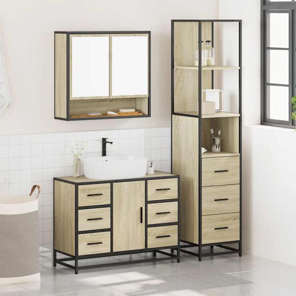 vidaXL Set de muebles de ba&ntilde;o 3 pzas madera contrachapada roble Sonoma