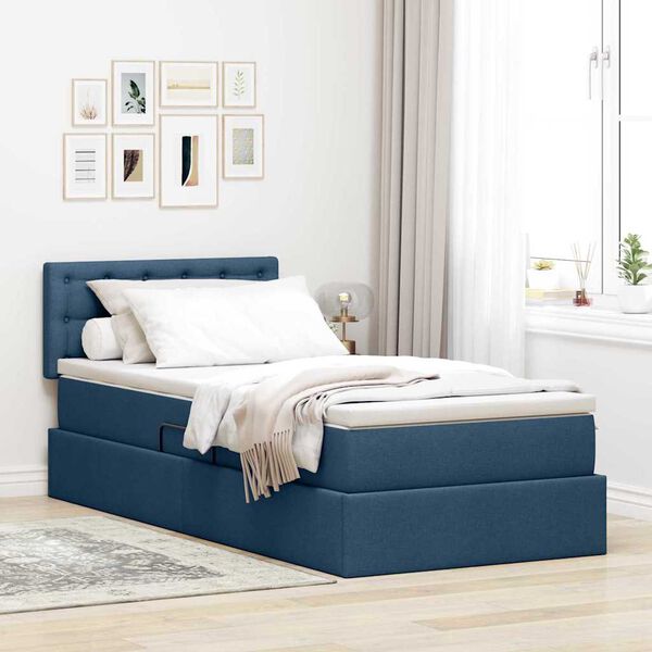 vidaXL Cama con almacenamiento y LED con colch&oacute;n Azul 90 x 190 cm tela