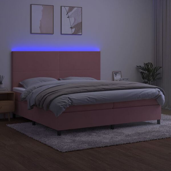 vidaXL Cama box spring colch&oacute;n y LED terciopelo rosa 200x200 cm