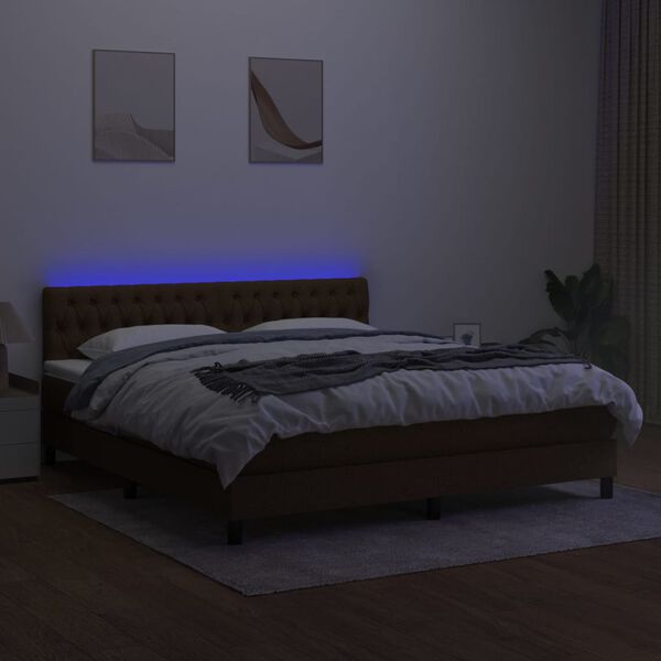 vidaXL Cama box spring colch&oacute;n luces LED tela marr&oacute;n oscuro 180x200cm