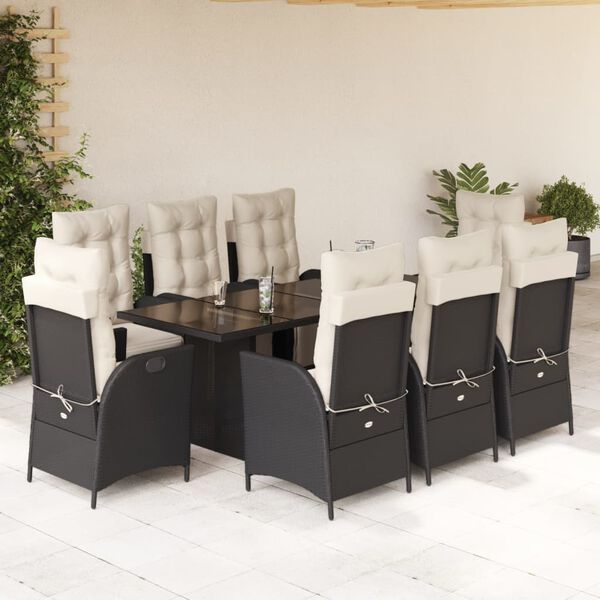 vidaXL Set de comedor de jard&iacute;n 9 pzas y cojines rat&aacute;n sint&eacute;tico negro