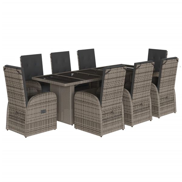 vidaXL Set comedor jard&iacute;n 9 pzas y cojines rat&aacute;n sint&eacute;tico gris