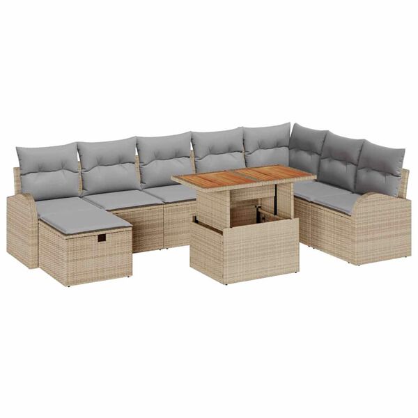 vidaXL Conjunto de sof&aacute; de jard&iacute;n 9 pcs Beige rat&aacute;n sint&eacute;tico