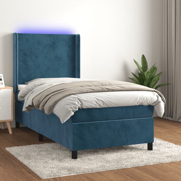 vidaXL Cama box spring colch&oacute;n y LED terciopelo azul oscuro 90x200 cm