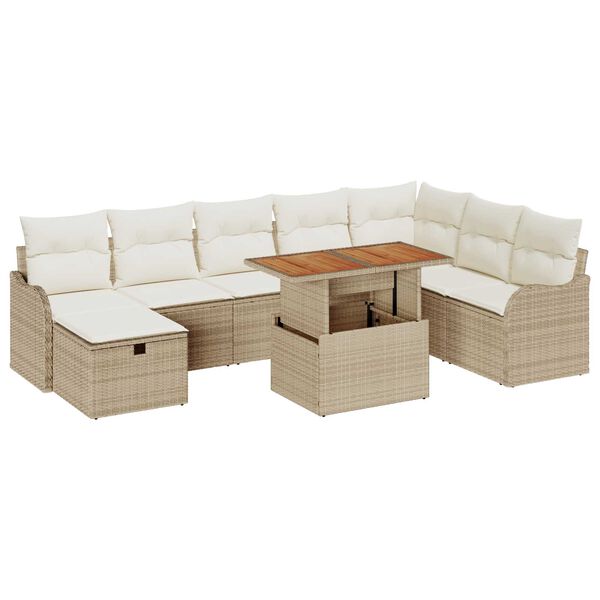 vidaXL Conjunto de sof&aacute; de jard&iacute;n con coj&iacute;n 9 pcs Beige Polirat&aacute;n