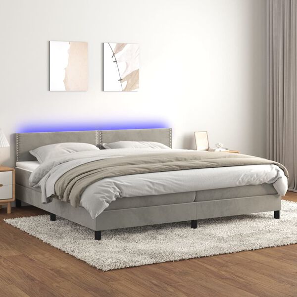 vidaXL Cama box spring colch&oacute;n y LED terciopelo gris claro 200x200 cm