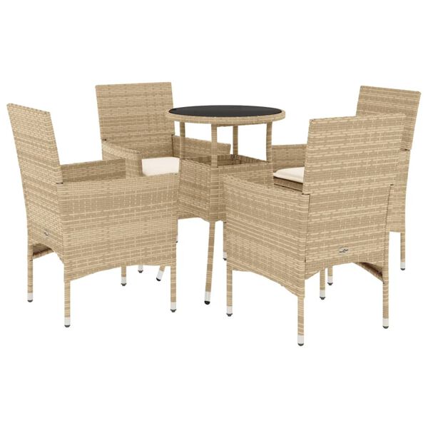 vidaXL Set comedor jard&iacute;n 5 pzas cojines rat&aacute;n sint&eacute;tico vidrio beige