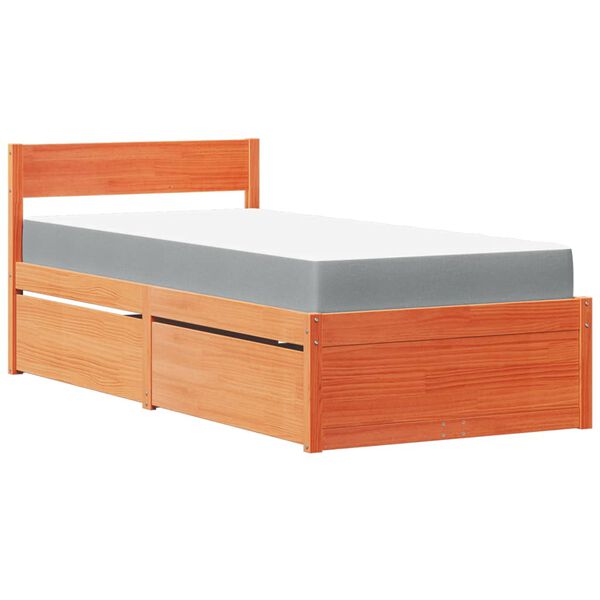 vidaXL Cama con cajones y colch&oacute;n madera pino marr&oacute;n cera 90x190 cm