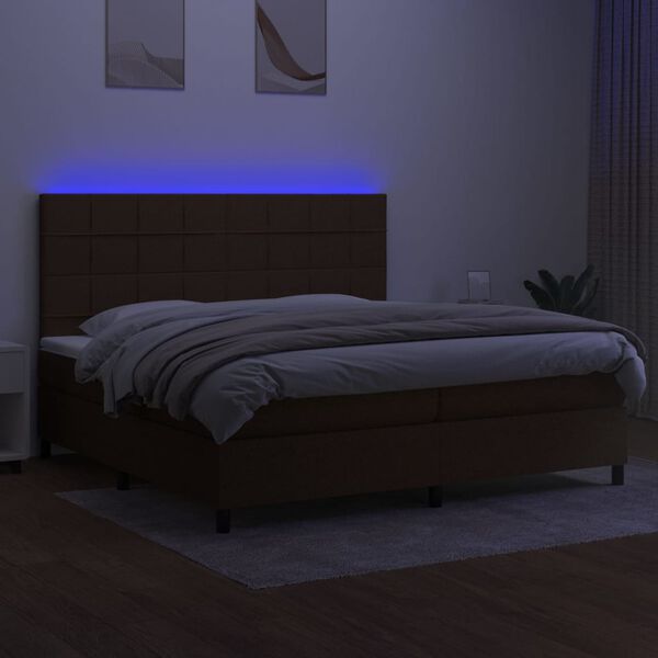 vidaXL Cama box spring colch&oacute;n luces LED tela marr&oacute;n oscuro 200x200 cm