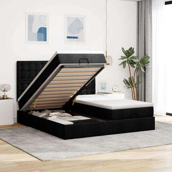 vidaXL Estructura de cama otomana con colchones tela negra 200x200cm