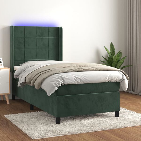 vidaXL Cama box spring colch&oacute;n y LED terciopelo verde oscuro 100x200cm