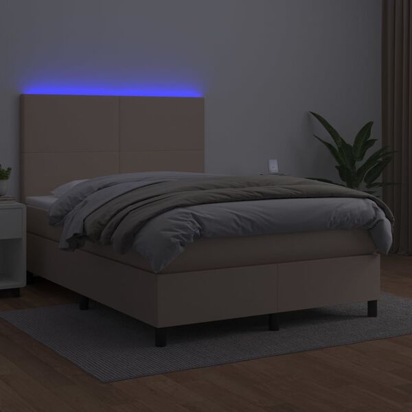 vidaXL Cama box spring colch&oacute;n LED cuero sint&eacute;tico capuchino 140x200cm