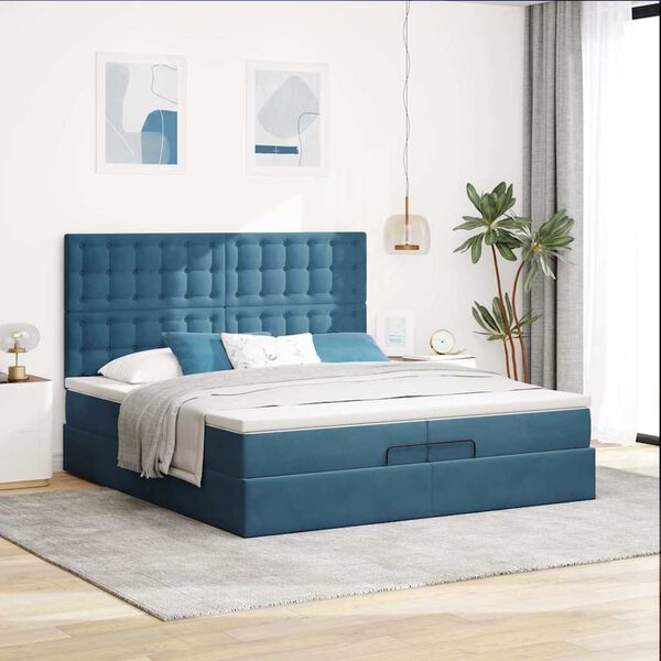 vidaXL Cama otomana con colchones y luces LED azul oscuro 200x200 cm