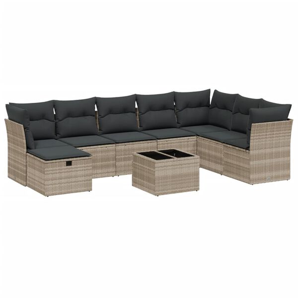 vidaXL Set muebles jard&iacute;n 9 pzas y cojines rat&aacute;n sint&eacute;tico gris claro