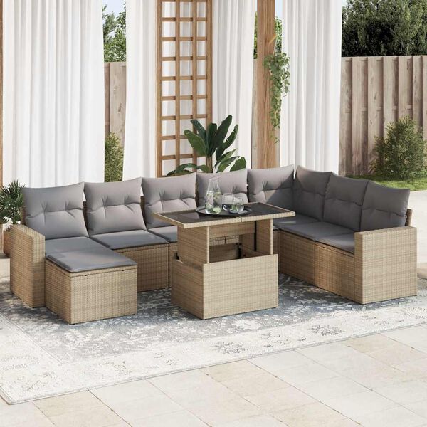 vidaXL Set de sof&aacute;s de jard&iacute;n con cojines 9 pzas rat&aacute;n sint&eacute;tico beige