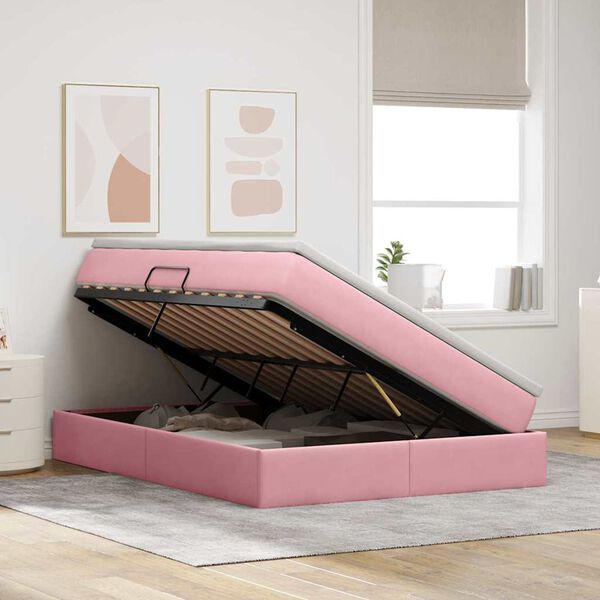 vidaXL Cama con almacenamiento y colch&oacute;n Rosa 140 x 200 cm Terciopelo