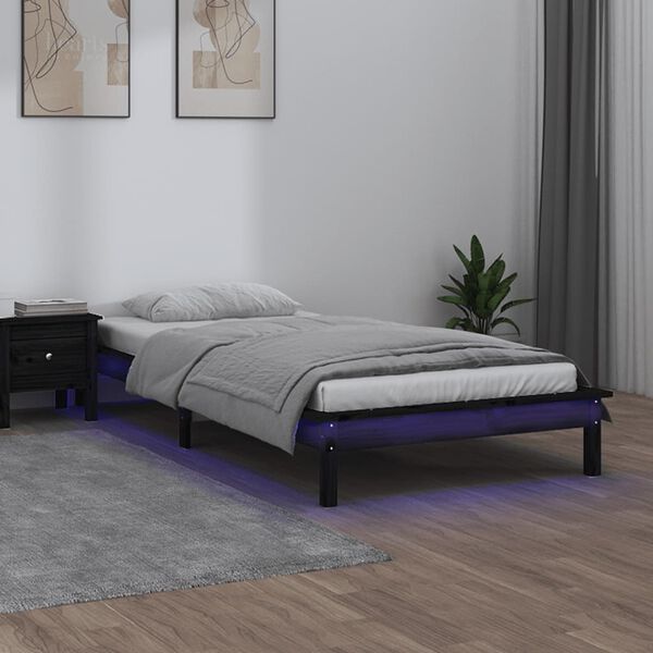 vidaXL Estructura de cama con LED madera maciza negra 75x190 cm