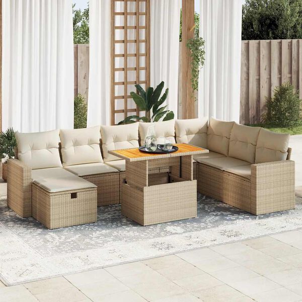 vidaXL Set sof&aacute;s jard&iacute;n y cojines 9 pzas rat&aacute;n sint&eacute;tico acacia beige