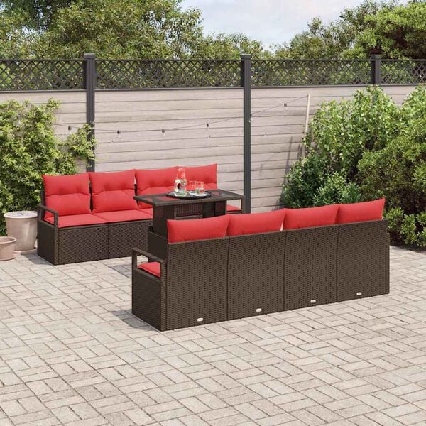 vidaXL Conjunto de sof&aacute; de jard&iacute;n 9 pcs Marr&oacute;n y Rojo rat&aacute;n sint&eacute;tico