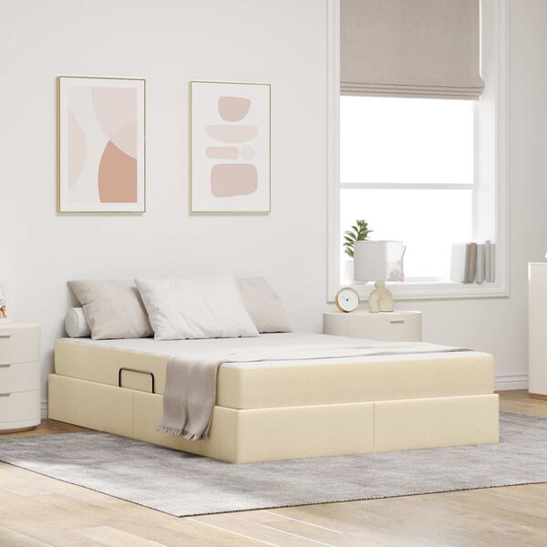vidaXL Cama con almacenamiento y colch&oacute;n Crema 140 x 200 cm Poli&eacute;ster