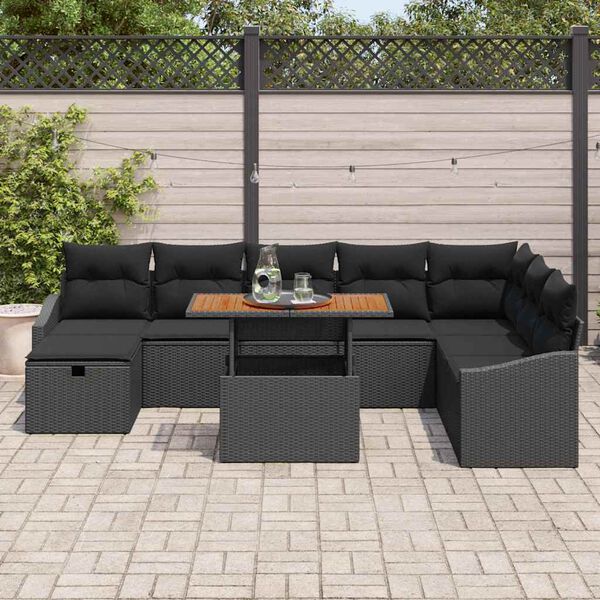 vidaXL Conjunto de sof&aacute; de jard&iacute;n 9 pcs Negro rat&aacute;n sint&eacute;tico