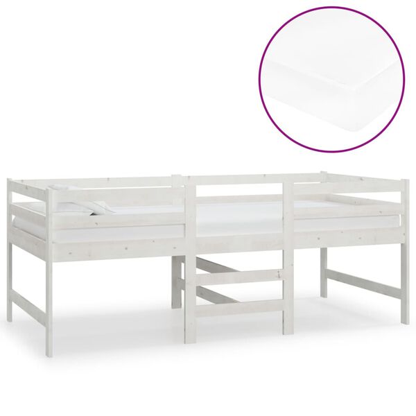 vidaXL Cama media alta con colch&oacute;n madera maciza pino blanco 90x200 cm