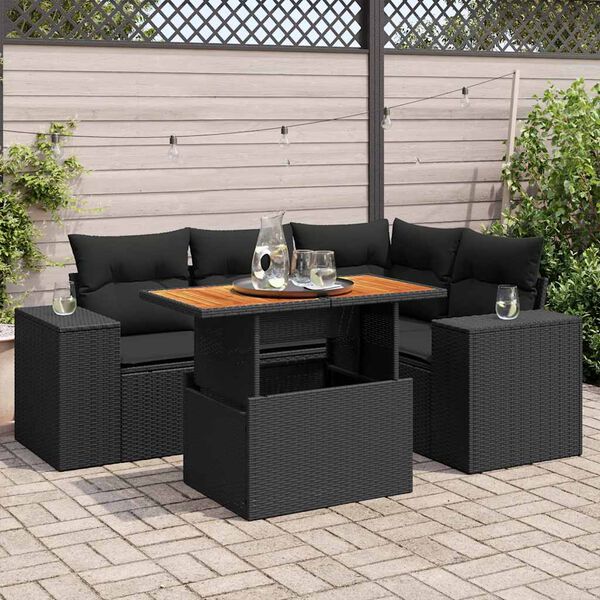 vidaXL Set de muebles de jard&iacute;n 5 pzas y cojines rat&aacute;n sint&eacute;tico negro