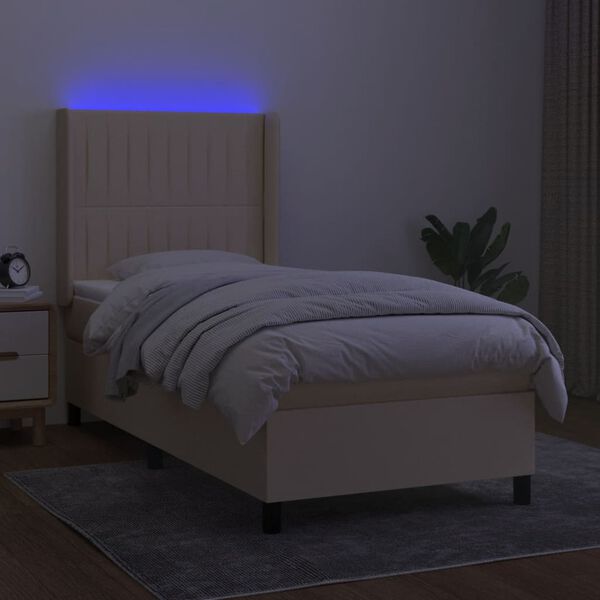 vidaXL Cama box spring colch&oacute;n y luces LED tela crema 90x200 cm