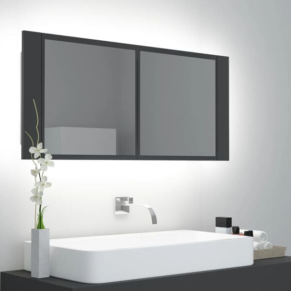 vidaXL Armario espejo de ba&ntilde;o con luz LED acr&iacute;lico gris 100x12x45 cm