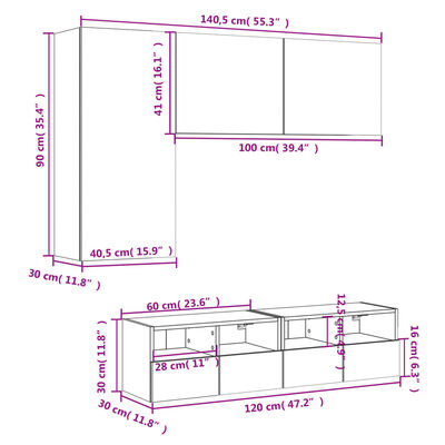 vidaXL Muebles de TV de pared 4 pzas madera ingeniería roble ahumado