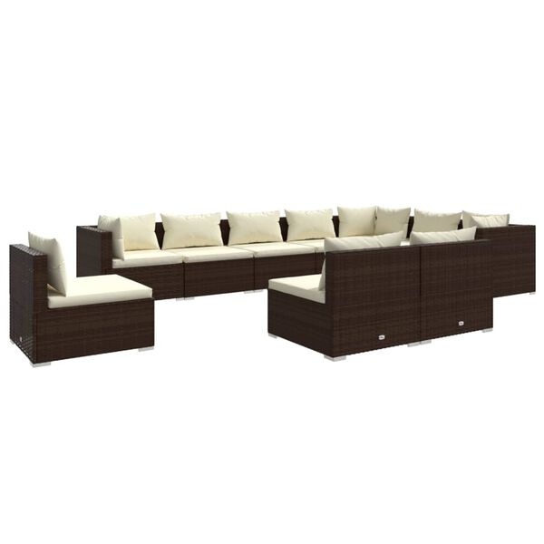 vidaXL Set muebles de jard&iacute;n 10 pzas y cojines rat&aacute;n sint&eacute;tico marr&oacute;n