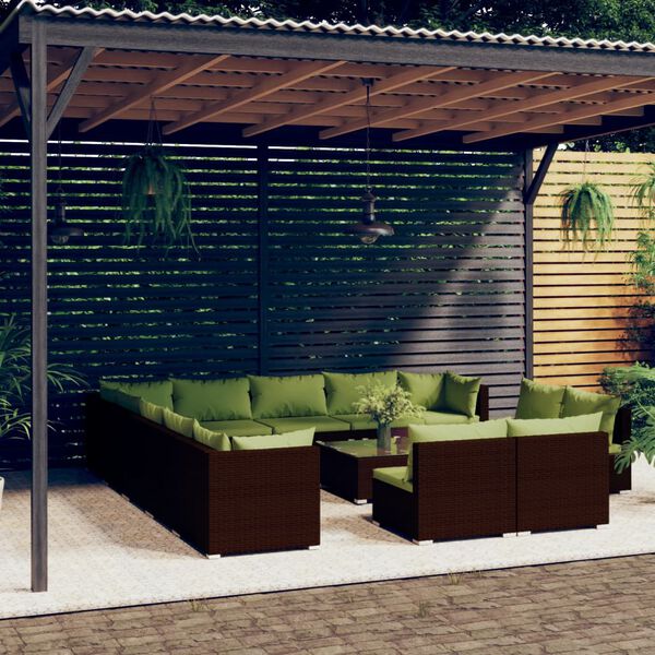 vidaXL Set muebles de jard&iacute;n 14 pzas y cojines rat&aacute;n sint&eacute;tico marr&oacute;n