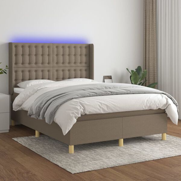 vidaXL Cama box spring colch&oacute;n y luces LED tela gris taupe 140x200 cm