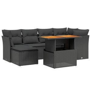 vidaXL Set de comedor de jard&iacute;n 7 pzas y cojines rat&aacute;n sint&eacute;tico negro