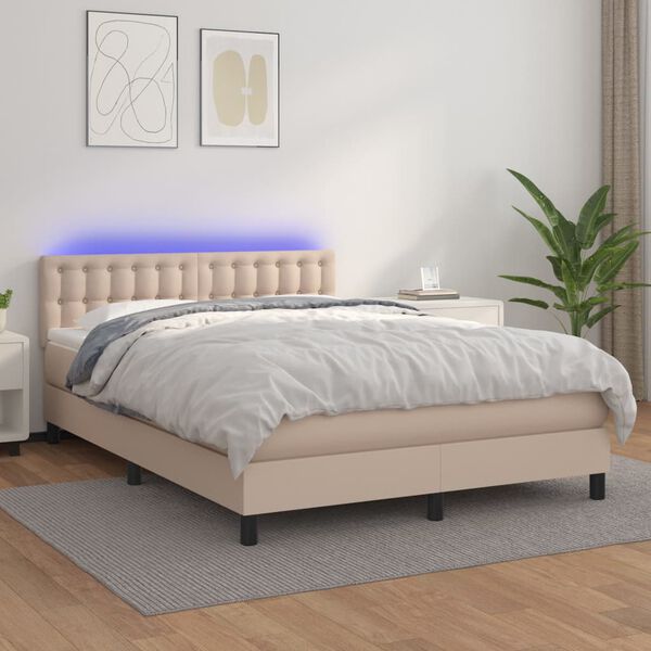 vidaXL Cama box spring colch&oacute;n LED cuero sint&eacute;tico capuchino 140x200cm