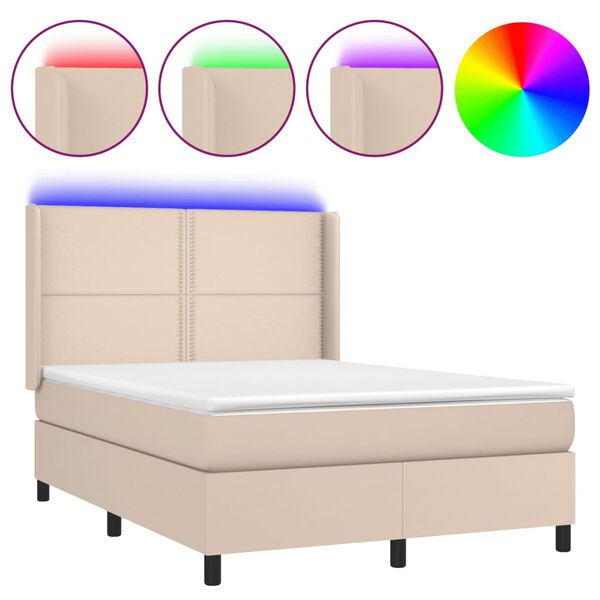 vidaXL Cama box spring colch&oacute;n LED cuero sint&eacute;tico capuchino 140x200cm