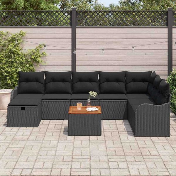 vidaXL Conjunto de sof&aacute; de jard&iacute;n con coj&iacute;n 9 pcs Negro Polirat&aacute;n