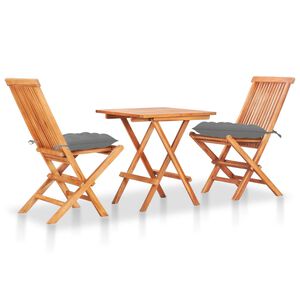 vidaXL Set de bistr&oacute; 3 pzas madera maciza de teca con cojines grises