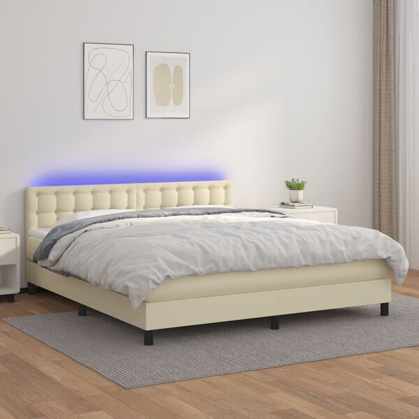 vidaXL Cama box spring colch&oacute;n y LED cuero sint&eacute;tico crema 160x200 cm
