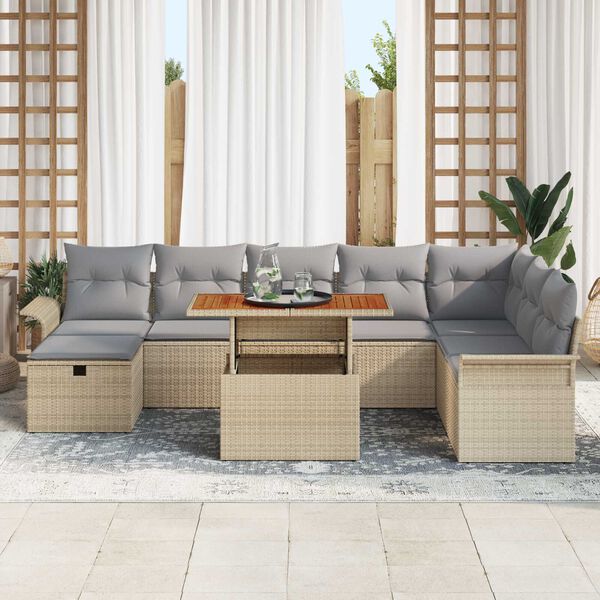 vidaXL Conjunto de sof&aacute; de jard&iacute;n con coj&iacute;n 9 pcs Beige Polirat&aacute;n