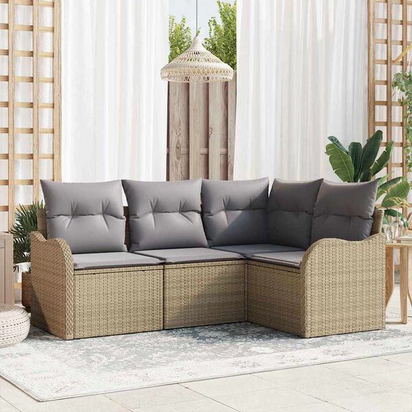 vidaXL Conjunto de sof&aacute; de jard&iacute;n 4 pcs Beige rat&aacute;n sint&eacute;tico