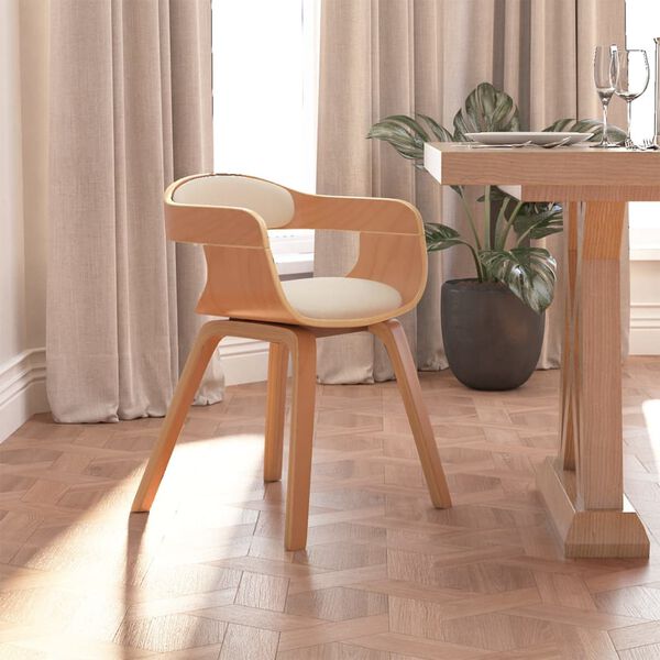 vidaXL Silla de comedor de cuero sintético y madera curvada crema