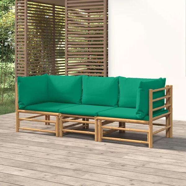 vidaXL Set de muebles de jardín 3 piezas bambú con cojines verde