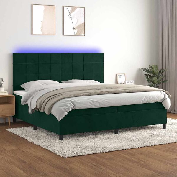 vidaXL Cama box spring colch&oacute;n y LED terciopelo verde oscuro 200x200cm