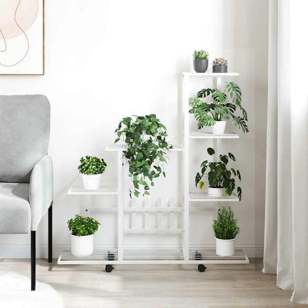 vidaXL Soporte de flores con rueda de metal blanco 94,5x25x92,5 cm