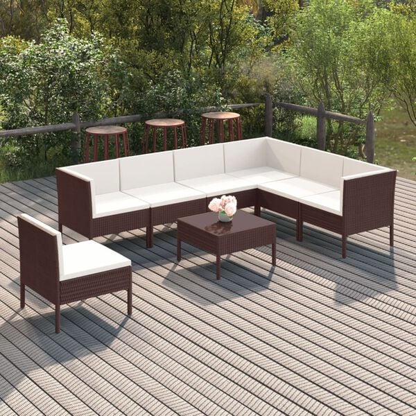 vidaXL Set muebles de jard&iacute;n 8 pzas y cojines rat&aacute;n sint&eacute;tico marr&oacute;n
