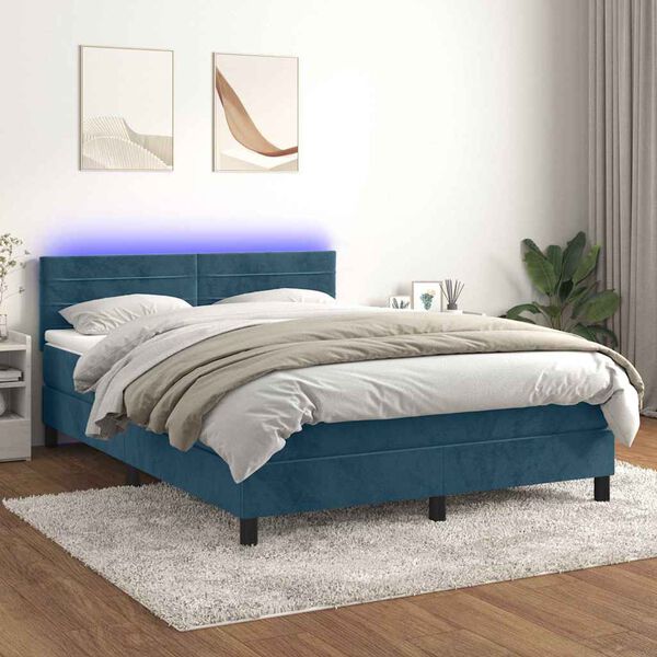 vidaXL Cama box spring colch&oacute;n y LED terciopelo azul oscuro 140x190 cm