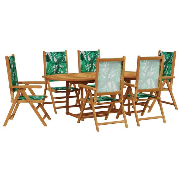 vidaXL Set de comedor jardín 7 pzas tela madera maciza estampado hojas