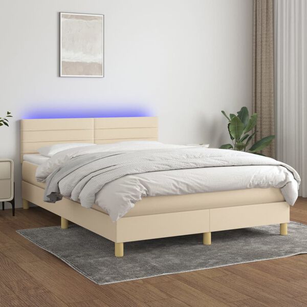 vidaXL Cama box spring colch&oacute;n y luces LED tela crema 140x190 cm
